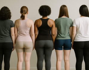 Five women with different body shapes wearing athletic wear from different brands against a neutral background
