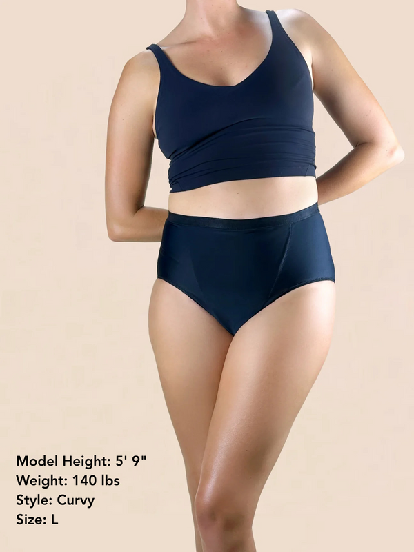 Model wears the pelvic floor support underwear from Hem Support Wear. Model is 5'9", 140 Lbs, and wearing a Curvy L