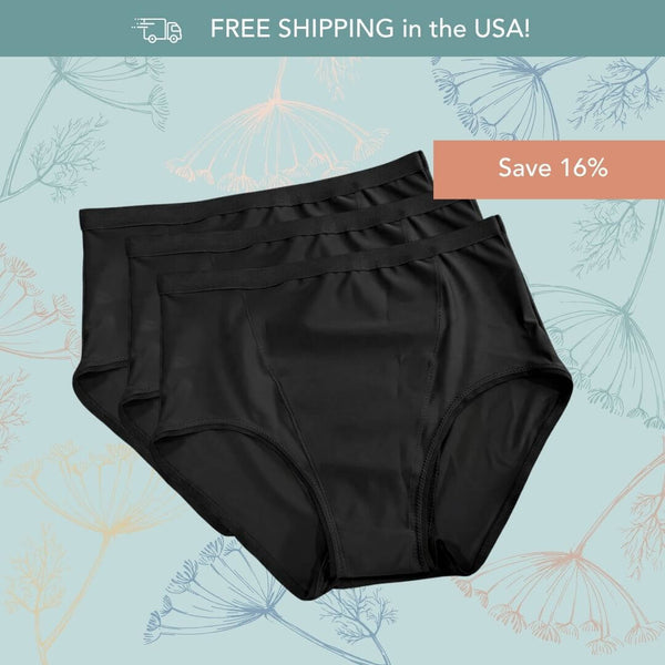 Three pairs of Hem Support Wear's black high waisted brief pelvic floor support underwear stacked together on a light blue background with floral line drawings and promotional text reading 'FREE SHIPPING in the USA!' and 'Save 16%'.