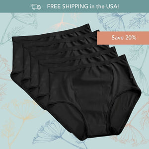 Five pairs of black high-waisted pelvic floor support briefs arranged in a fan layout on a light blue background with floral line drawings. Promotional text at the top reads 'FREE SHIPPING in the USA!' and a peach badge says 'Save 20%'.